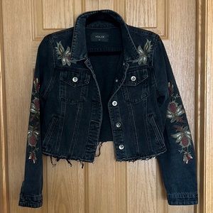 YOLO Black Jean Jacket with Floral Embroidery